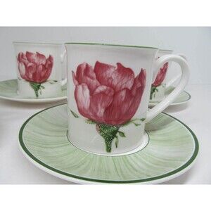 Villeroy And Boch Flora "Wild Rose" Set Of 3  Breakfast Cups With Saucers